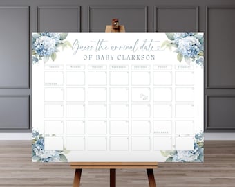 Baby In Bloom Due Date Calender. Editable Dusty Blue Flowers Guess Baby's Arrival. Printable Game Sign. Boy Baby Shower Birthday. BS30