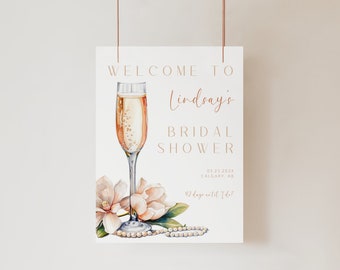 Pearls & Prosecco Bridal Shower Welcome Sign, Elegant Champagne (Editable Template) WS05