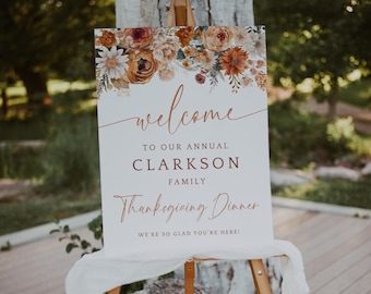 Thanksgiving Dinner Welcome Sign. Friendsgiving Entrance Poster. Editable Template. Autumn Florals. Printable Signage. Potluck Welcome. HOL2