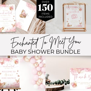 Enchanted To Meet You Baby Shower Bundle. Pink Butterfly Invitation Package. Baby Girl Games & Signs. Editable Template. Printable. BS64