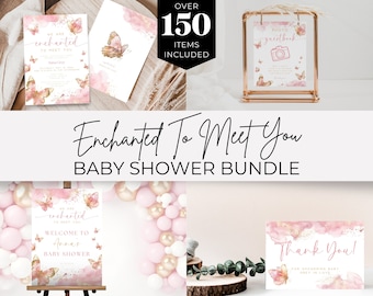 Enchanted To Meet You Baby Shower Bundle. Pink Butterfly Invitation Package. Baby Girl Games & Signs. Editable Template. Printable. BS64
