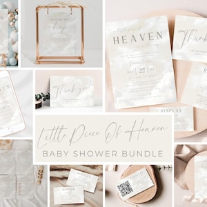 May include: A selection of baby shower stationery with a soft, cloud-like design. Includes invitations, thank you cards, and display cards. The text "Little Piece Of Heaven" is featured prominently, along with other text.