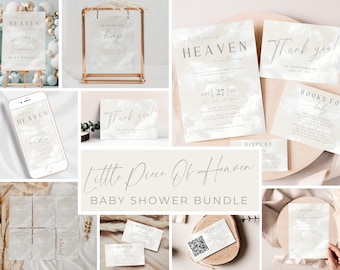 May include: A collection of baby shower stationery with a soft, cloud-like design. Includes invitations, thank you cards, and display cards. The text "Little Piece Of Heaven" is featured prominently, along with other text.