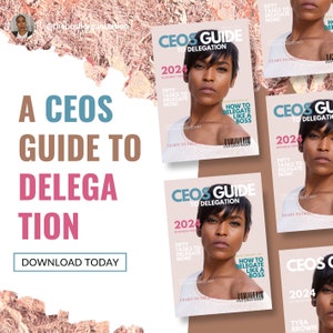 Könnte beinhalten: Ein rosa und goldener Hintergrund mit dem Text "A CEO's Guide to Delegation" in brauner und rosa Schrift. Das Bild zeigt außerdem vier Magazincover mit dem Titel "CEO's Guide to Delegation" in weißer Schrift auf rosa Hintergrund. Die Magazincover zeigen eine Frau mit kurzen schwarzen Haaren und einem ernsten Gesichtsausdruck. Der Text "2024" steht auf jedem Magazincover.