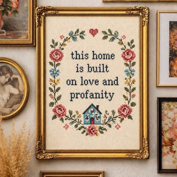 Floral Cross Stitch Print | Love and Profanity Wall Art (Digital Download)