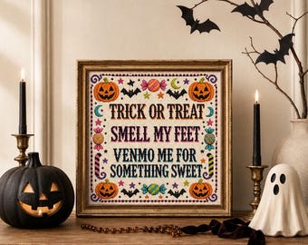 Trick or Treat Printable, Funny Halloween Wall Art, Colorful Cross Stitch Decor, Digital Download
