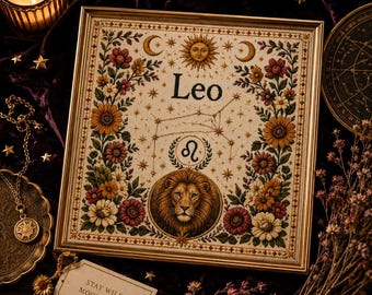 Leo Zodiac Wall Art | Leo Constellation Printable | Cross Stitch Inspired Celestial Decor | Astrology Gift | Digital Download