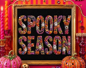 Spooky Season Printable Wall Art, Colorful Halloween Decor, Faux Cross Stitch Art, Maximalist Ghost and Pumpkin Print