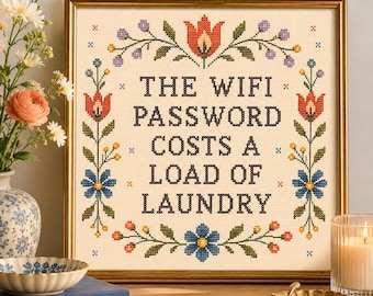 The WiFi Password Costs a Load of Laundry Print, Funny Laundry Room Decor, Cross Stitch Style Wall Art, Printable Sign, Digital Download