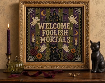 Welcome Foolish Mortals Halloween Printable Wall Art, Haunted House Black Cat Cross Stitch-Inspired Digital Download