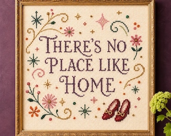 There’s No Place Like Home Printable Wall Art, Colorful Cross Stitch-Inspired Home Quote, Maximalist Square Digital Download