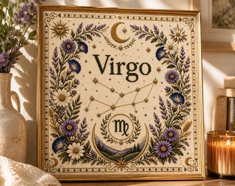 Virgo Zodiac Wall Art | Virgo Constellation Printable | Vintage Cross Stitch Inspired Decor | Astrology Gift | Celestial Digital Download