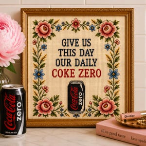 May include: A framed cross-stitch sampler featuring a floral border and the text "GIVE US THIS DAY OUR DAILY COKE ZERO" in dark blue and red thread, centered above a stitched image of a black Coca-Cola Zero soda can in a gold-toned frame.