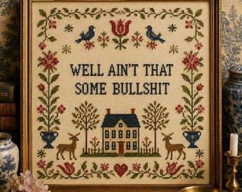 Well Ain’t That Some Bullshit Printable | Funny Office Decor | Sarcastic Wall Art | Floral Cross Stitch Print | Digital Download