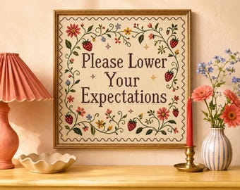 Please Lower Your Expectations Printable Wall Art, Funny Cross Stitch Decor, Strawberry Folk Art, Snarky Digital Download