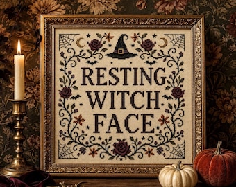 Resting Witch Face | Funny Fall Wall Art | Halloween Printable | Vintage Cross Stitch | Digital Download