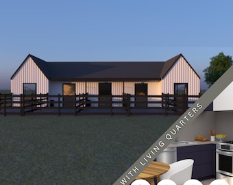Matthew Series - 4 Stall  Horse Barn Plans with Living Quarters - Digital Download - Tack Room, Cross Tie or Wash Bay, and Feed Room, Home