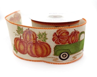 Harvest  glitter accents Wired Edge Ribbon 2.5" x 10 Yard Vintage Pumpkin Truck Fall Ribbon WR 63-5245