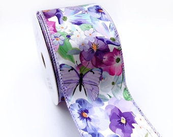 WR 63-5198 Spring Summer  Lilac Purple butterfly and small Floral on  white wired edge ribbon, 2.5" x 10 yards