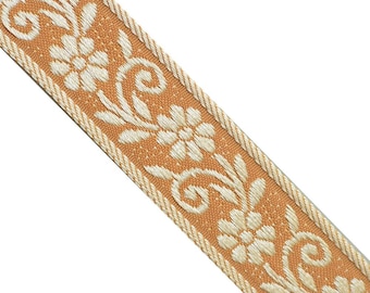 Metallic Gold Floral Jacquard Trim Ribbon, Golden Orange, 1-13/16" Wide x 5 Yards, JL 496