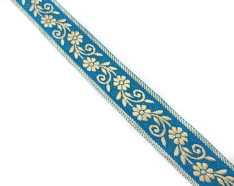 Metallic Gold Floral Jacquard Trim Ribbon, Aqua Blue, 1-13/16" Wide x 5 Yards JL 495