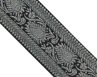 Silver Ornamental Jacquard Black Decorative Woven Trim, 1-5/8 Inch x 5 Yards JL 421
