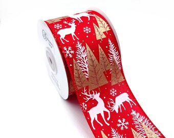 Red & Gold Christmas Wired Edge Ribbon – Deer, Snowflake  Tree Holiday Ribbon 2.5" x 10 yard--WR 63-5242