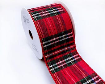 WR 63-5223 Red  Green Tartan Plaid Wired Edge Ribbon , 2.5" x 10 Yards – Holiday Craft & Gift Wrap Ribbon