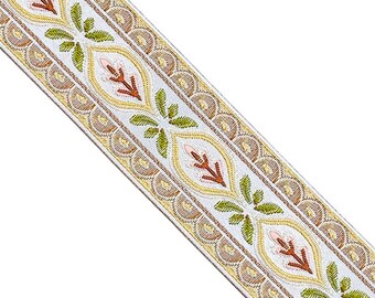 Vintage Floral Jacquard Ribbon Trim, 2-1/4" Wide x 3 Yards, Woven Border Trim, Boho Sewing Upholstery & Home Décor Embellishment, JR 760