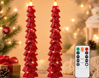 Flameless Red LED Christmas Tree Candles Set of 2, 10" Tall with Star Lights, Remote Control & Timer, CS-7503