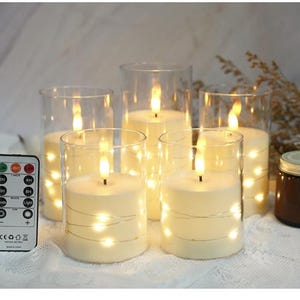 CS-7302 Flameless LED candle with String Star Lights and Remote Control Timer. 5 pc packed, color : Clear