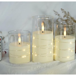 CS-7305 Flameless LED candle with String Star Lights and Remote Control Timer. 3 pc packed, color : Clear