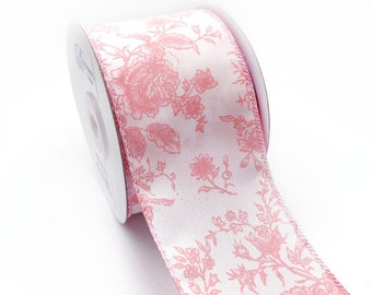 WR 63-5171 Pink Rose Floral on Cream wired edge ribbons, Spring Summer ribbon, 2.5" x 10 yards