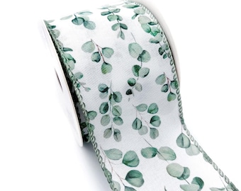 Wired Ribbon 2.5 Inch x 10 Yards – Green Eucalyptus Leaf Print on White – Spring Summer Floral Craft Ribbon for Wreaths, Bows. WR 63-5229