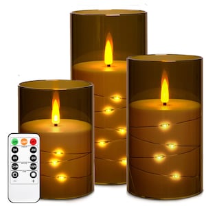 May include: Three cylindrical LED candles encased in amber-tinted glass sleeves. Each candle features a faux flame top and a thin wire with small integrated LED lights wrapped around the wax body. A white remote control with buttons is included.