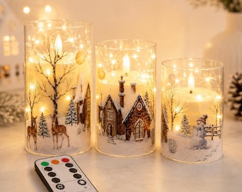 Flameless Snowy House LED Fairy Light Candle Set of 3 with Timer | Winter Village,| Deer, Snowman & Glitter Holiday Décor CS-7401