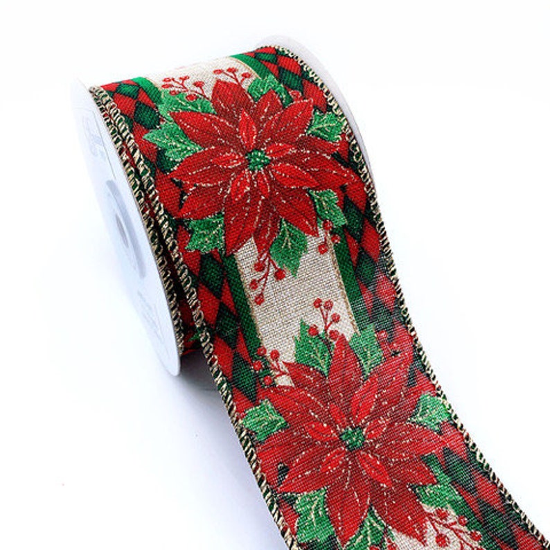 WR 635052 2,5 X 10 Yard Holiday Harlequin Plain and Red Poinsettias