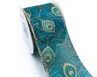 WR 63-5083 Peacock Green Gold edge 2.5" wired edge ribbon 10 yard spooled