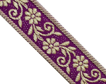 Metallic Gold Floral Jacquard Trim Ribbon, Purple, 1-13/16" Wide x 5 Yards, JL 497