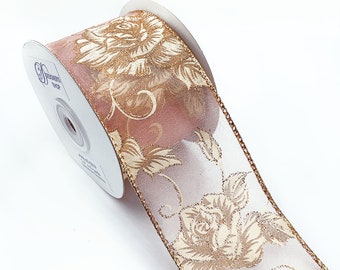 WR 63-5019 2.5" wired edge ribbon, Gold Ivory Rose Floral sheer wired edge ribbon