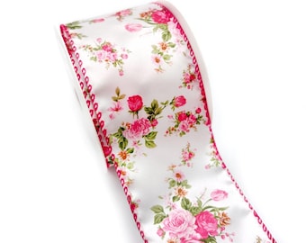 Floral Wired Satin Ribbon, 2.5 Inch x 10 Yards, White Satin with Pink Rose Print  Red Edge, Vintage Garden Ribbon WR 63-5236
