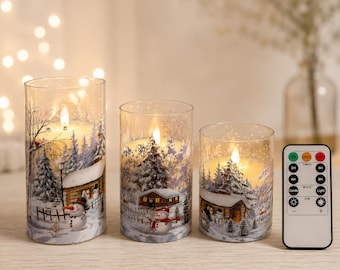 Flameless Snowmen LED Candle Set of 3 with Timer & Remote, Winter Snowy House Scene, Acrylic Candle Covers,  Christmas Decor. CS-7404