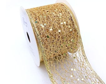 WR 63-5115  2.5” x 10 yard  Holiday Metallic Gold Sparking Glitter Mesh wired edge ribbons