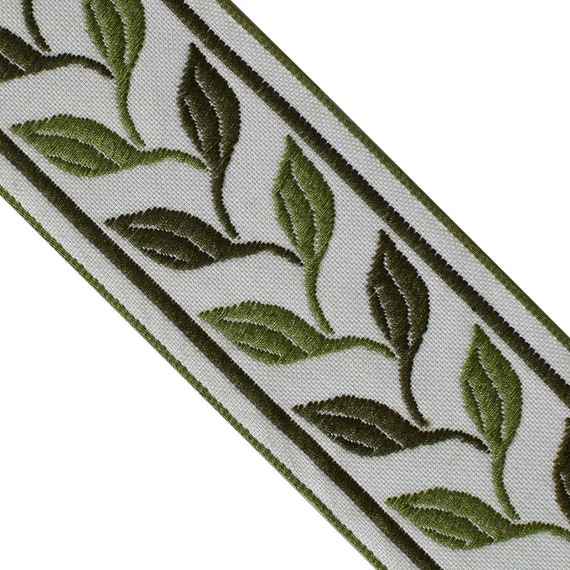 Designer’s Shop Jacquard Woven Embroidery  Trim Green leaves JR 725, 2” (50mm) x 3 yards