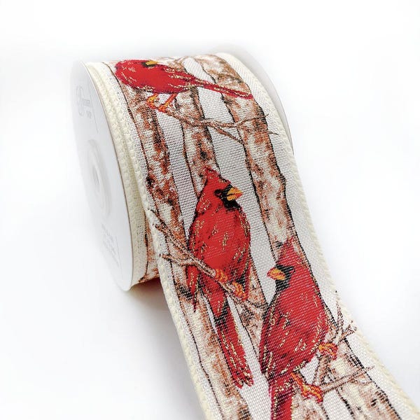 WR 63-5189 Holiday Woodland Glitter Cardinals  Wired edge ribbon 2.5” x 10 yard