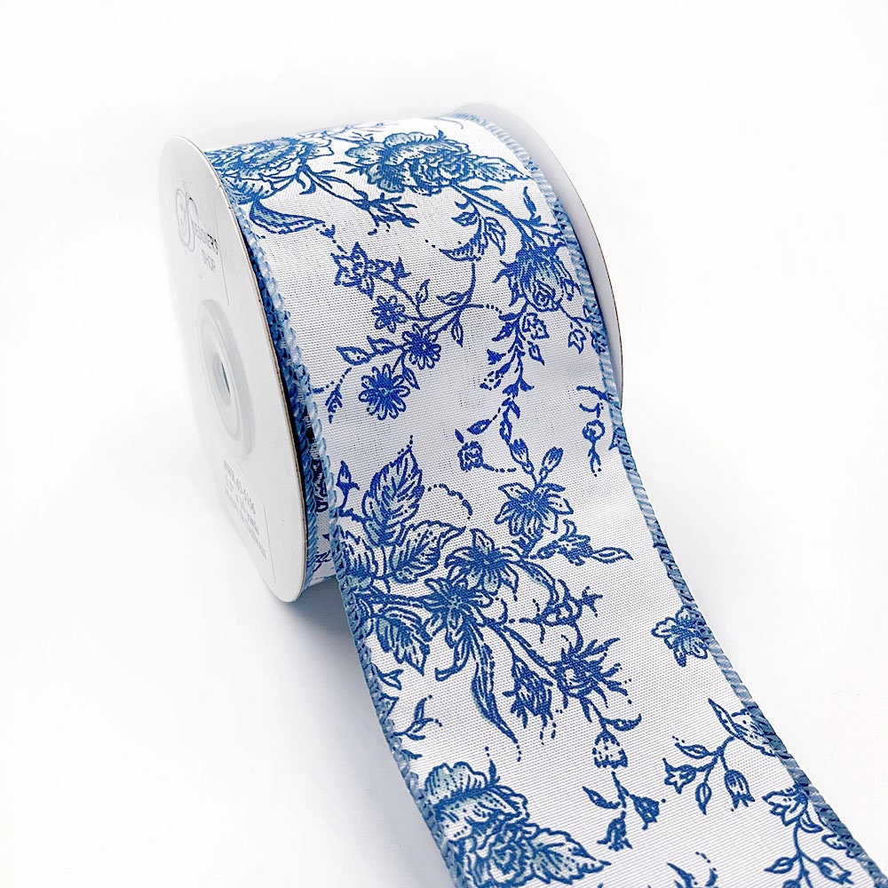 WR 63-5156 Holiday Blue Rose Floral Wired Edge Ribbons, 2.5