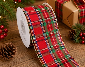 Green Red Gold Tartan Plaid Wired Ribbon, 2.5 Inch x 10 Yard WR 63-5249