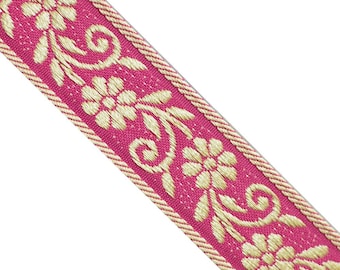 Metallic Gold Floral Jacquard Trim Ribbon, Raspberry Pink, 1-13/16" Wide x 5 Yards, JL 498