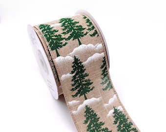 Natural Burlap Christmas Tree Wired Edge Ribbon, 2.5" x 10 Yards, WR 63-5248. Rustic Evergreen Pine