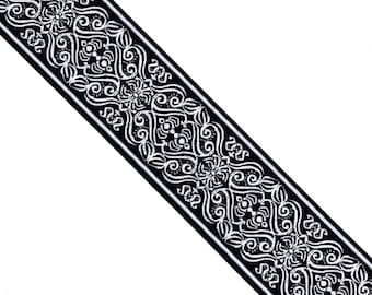JR 776 Classic Noir Rococo Border Jacquard Trim – 2" x 7 Yards | Elegant Black & White Woven Ribbon for Sewing, Costumes, Upholstery